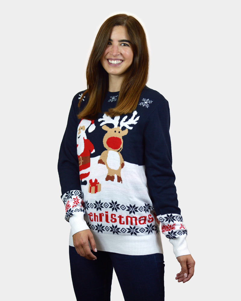 womens Blue Organic Cotton Christmas Jumper with Santa and Rudolph