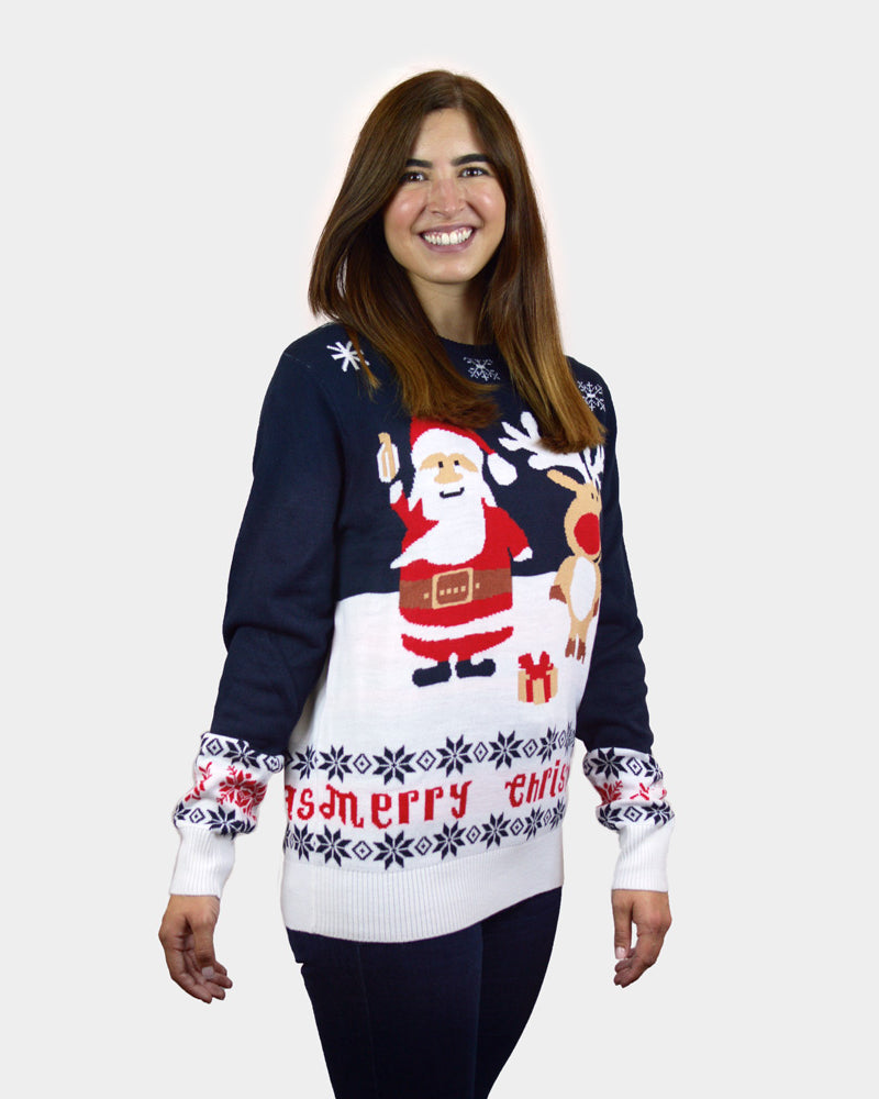 Blue Family Christmas Jumper with Santa and Rudolph womens