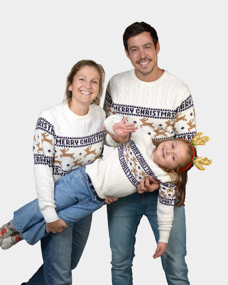Matching Family Classy White Organic Cotton Christmas Jumper with Reindeer