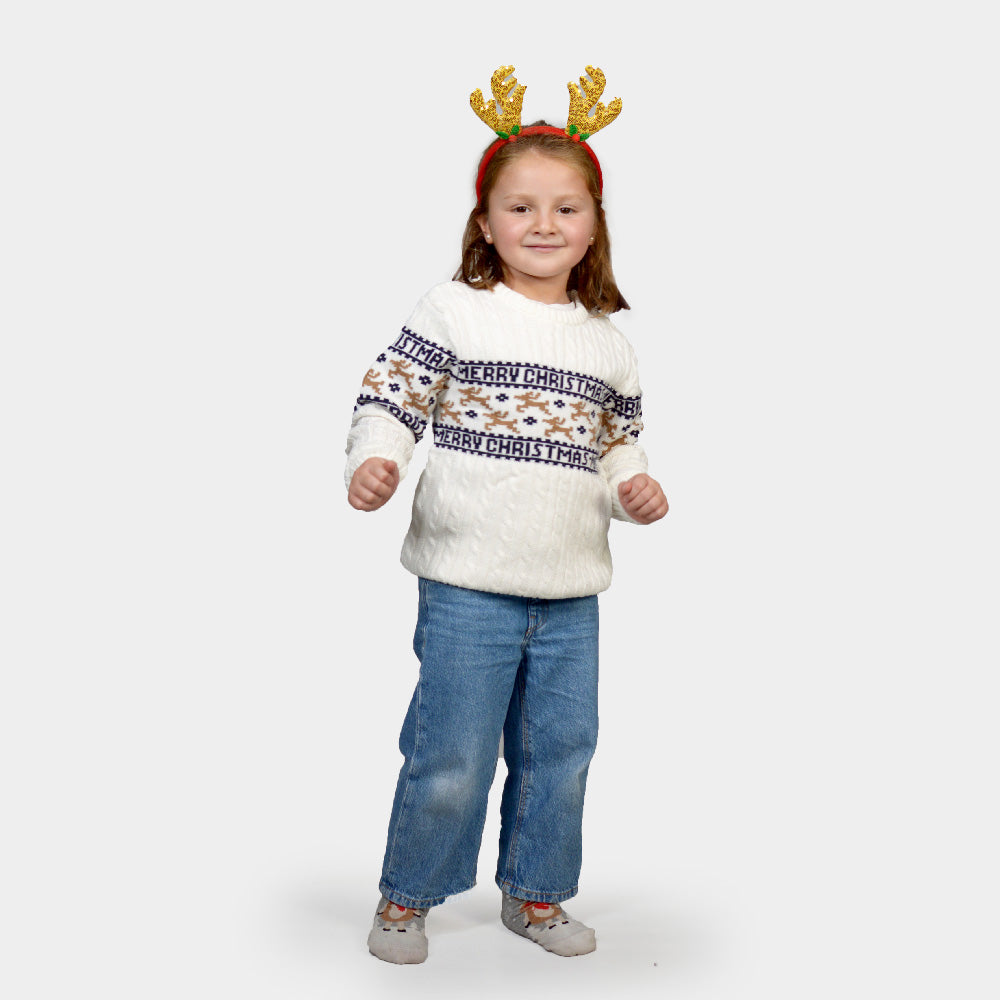 Childrens Classy White Organic Cotton Christmas Jumper with Reindeer