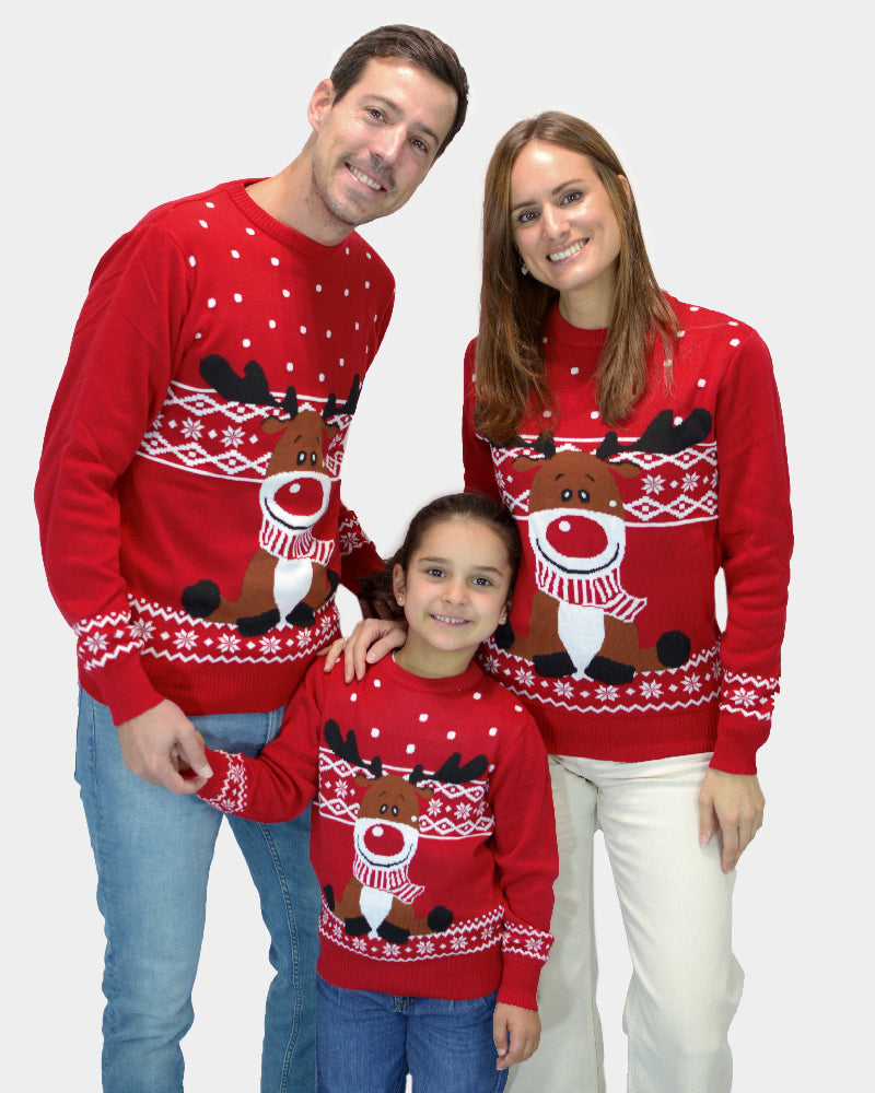 Matching Family Red Christmas Jumper with Rudolph the Happy Reindeer