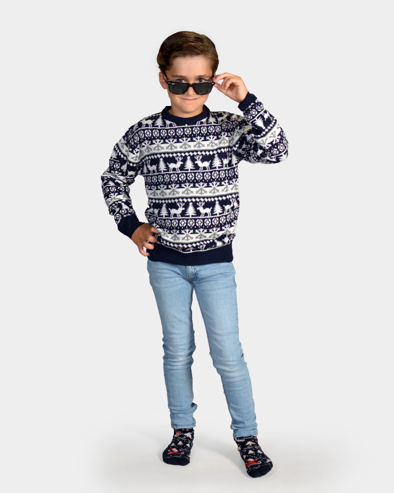 Childrens Christmas Jumper with Reindeer and Trees Strips