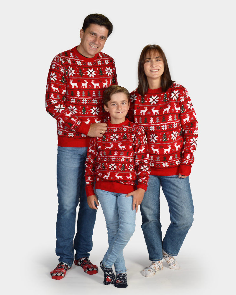 Matching Family Red Christmas Jumper with Reindeer, Trees and Polar Star