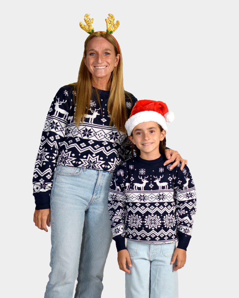 Matching Family Blue Christmas Jumper with Reindeer and Nordic Stars