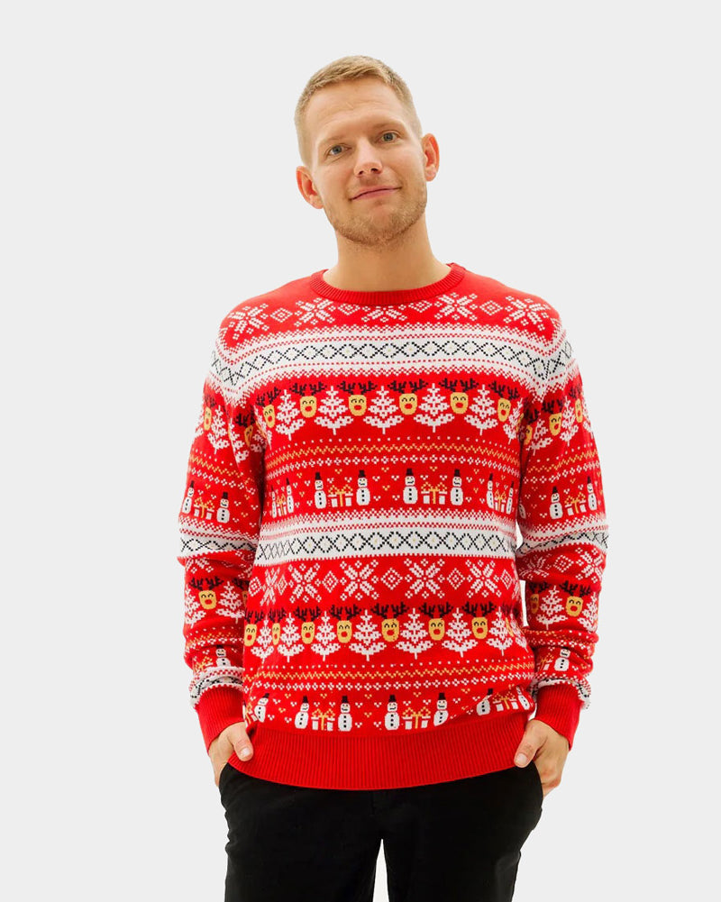 Red Organic Cotton Family Christmas Jumper with Snowmen and Trees mens