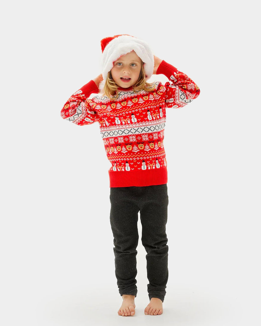 Red Organic Cotton Boys and Girls Christmas Jumper with Snowmen and Trees