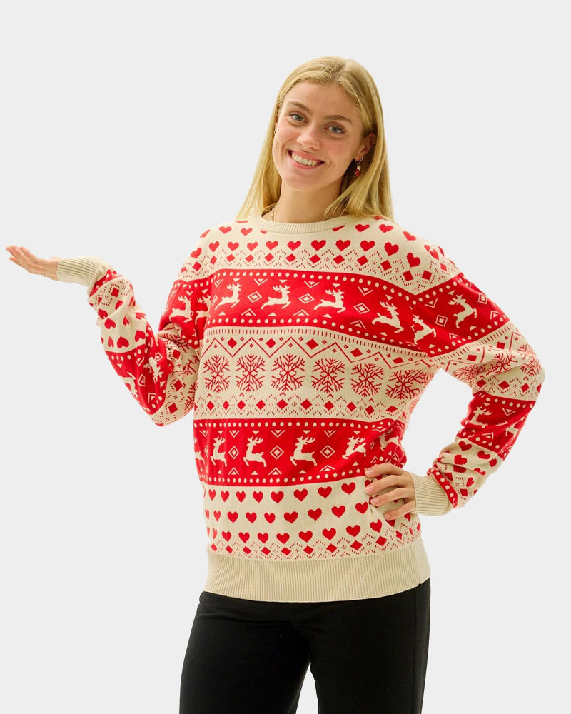 Red & Beige Organic Cotton Christmas Jumper with Hearts womens