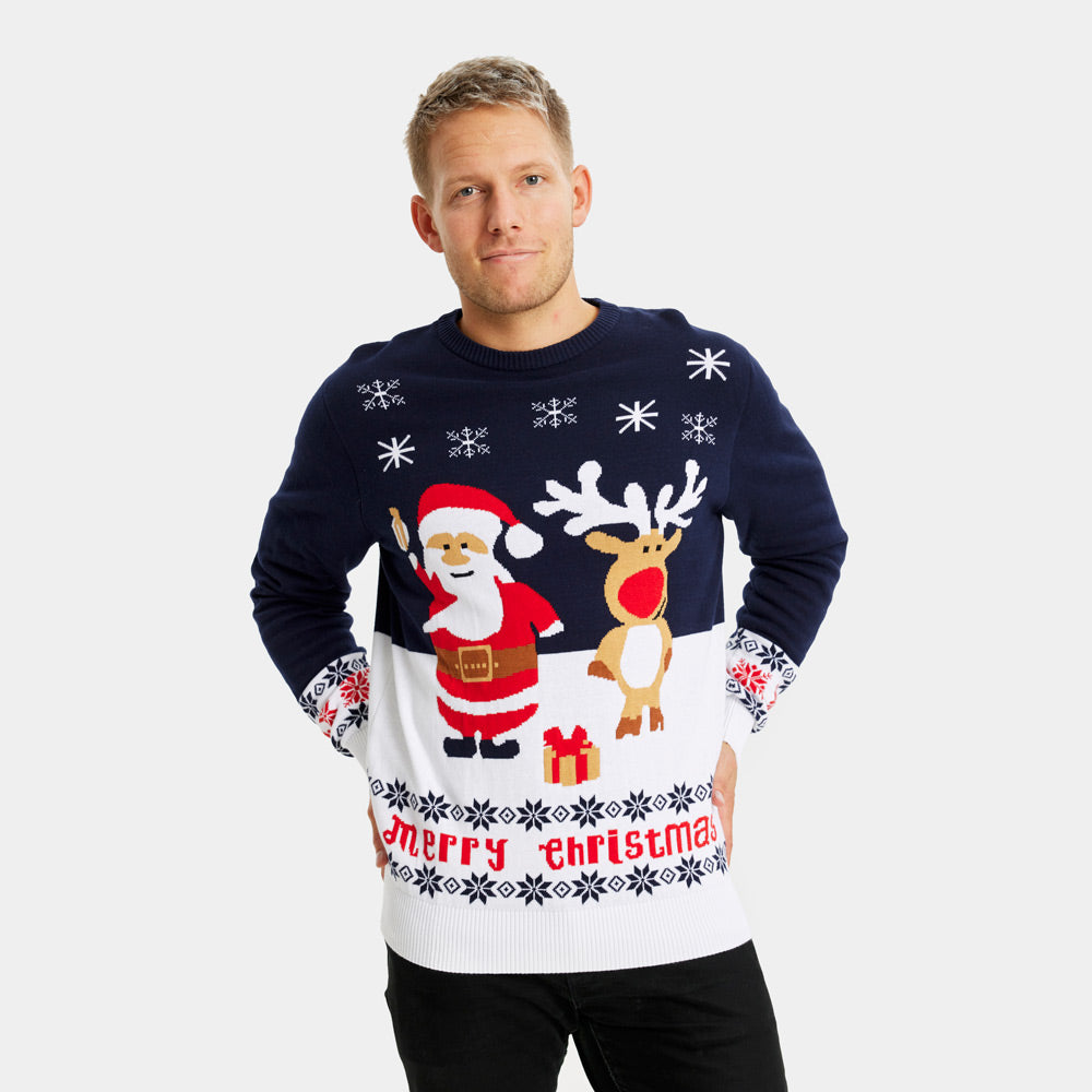 Blue Boys Mens Girls Christmas Jumper with Santa and Rudolph