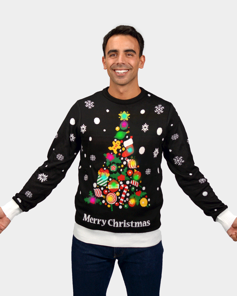 Black Christmas Tree LED light-up Mens Christmas Jumper