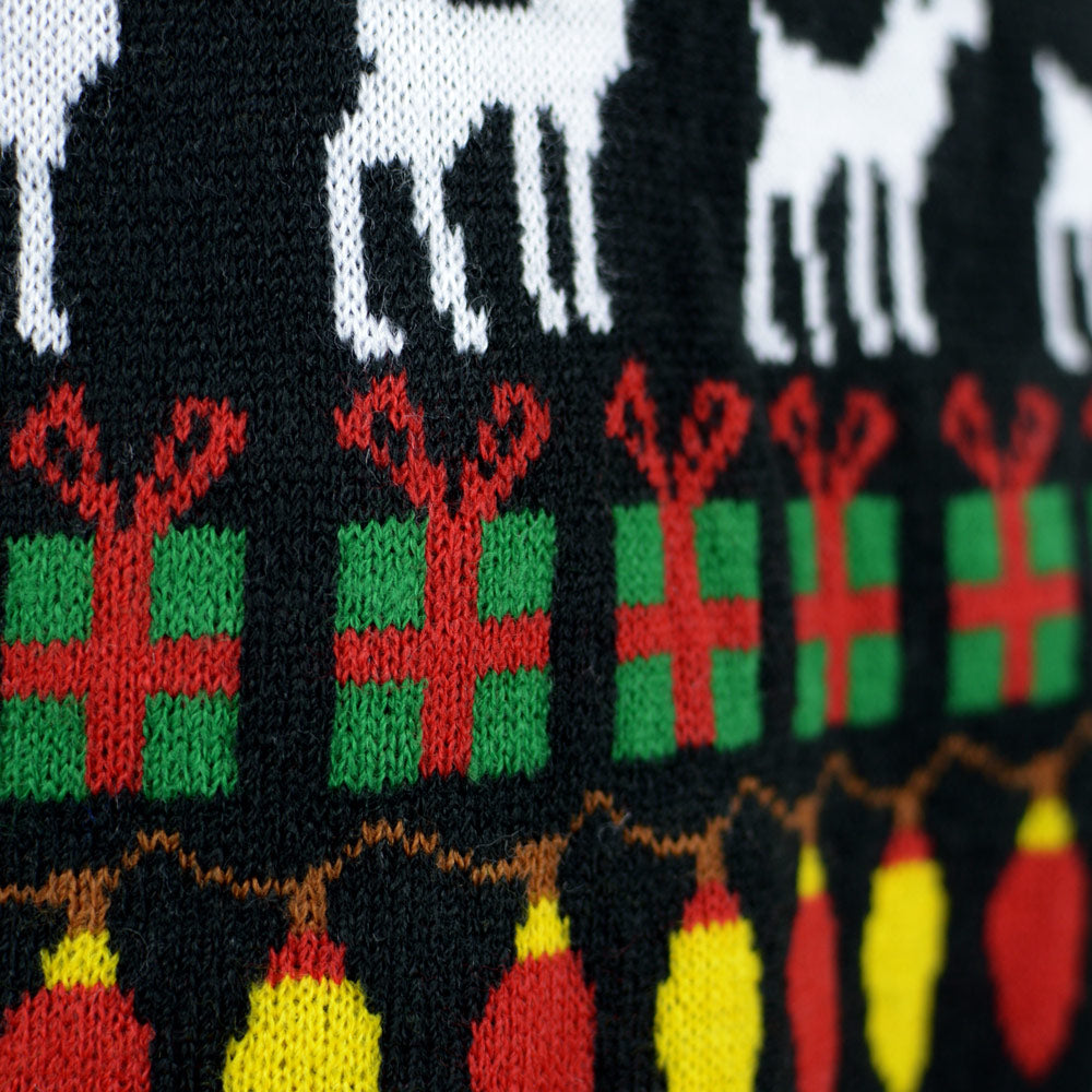Black Men's Christmas Jumper with Trees, Reindeers and Gifts detail
