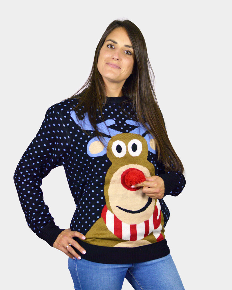 Blue 3D Couple's Christmas Jumper Reindeer with Red Nosed womens