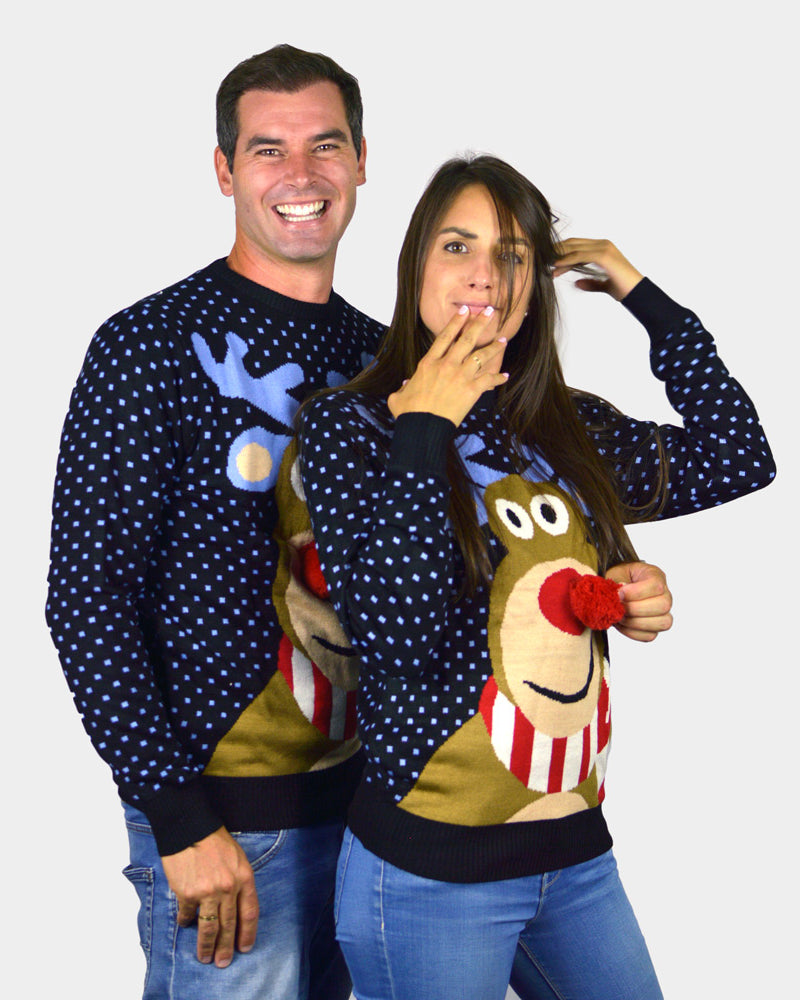 Blue 3D Men's Christmas Jumper Reindeer with Red Nosed womens