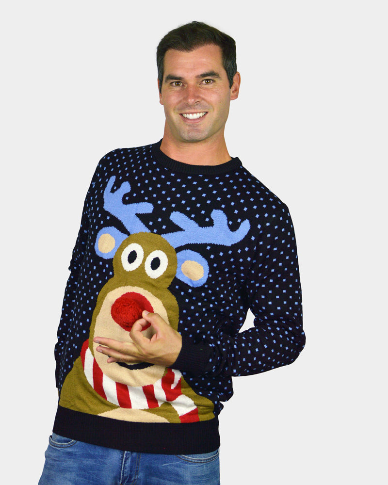 Blue 3D Womens Christmas Mens Jumper Reindeer with Red Nosed