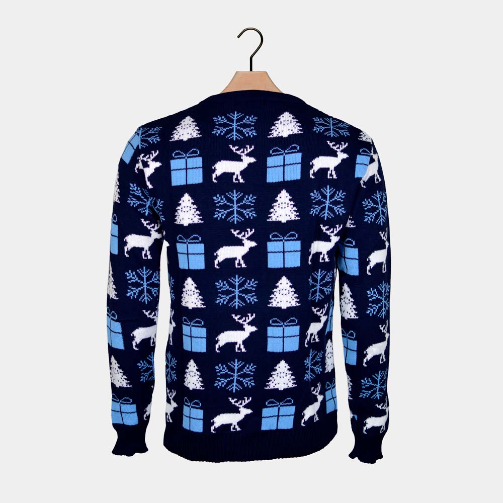 Reindeers, Gifts and Trees Blue Couple's Christmas Jumper