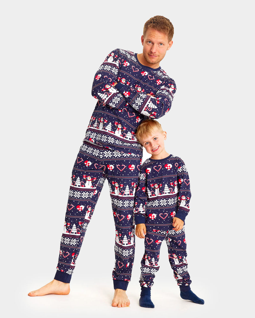 Blue Christmas Pyjama for Children with Snowmen and Hearts and Mens
