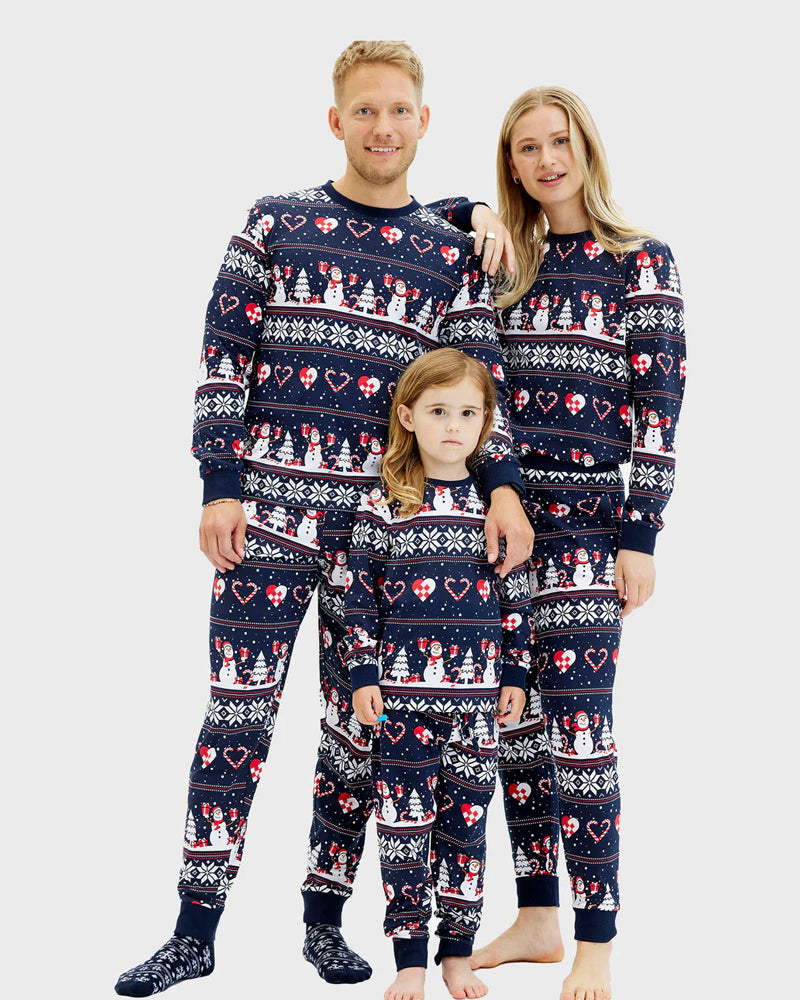 Blue Christmas Pyjama for Family with Snowmen and Hearts