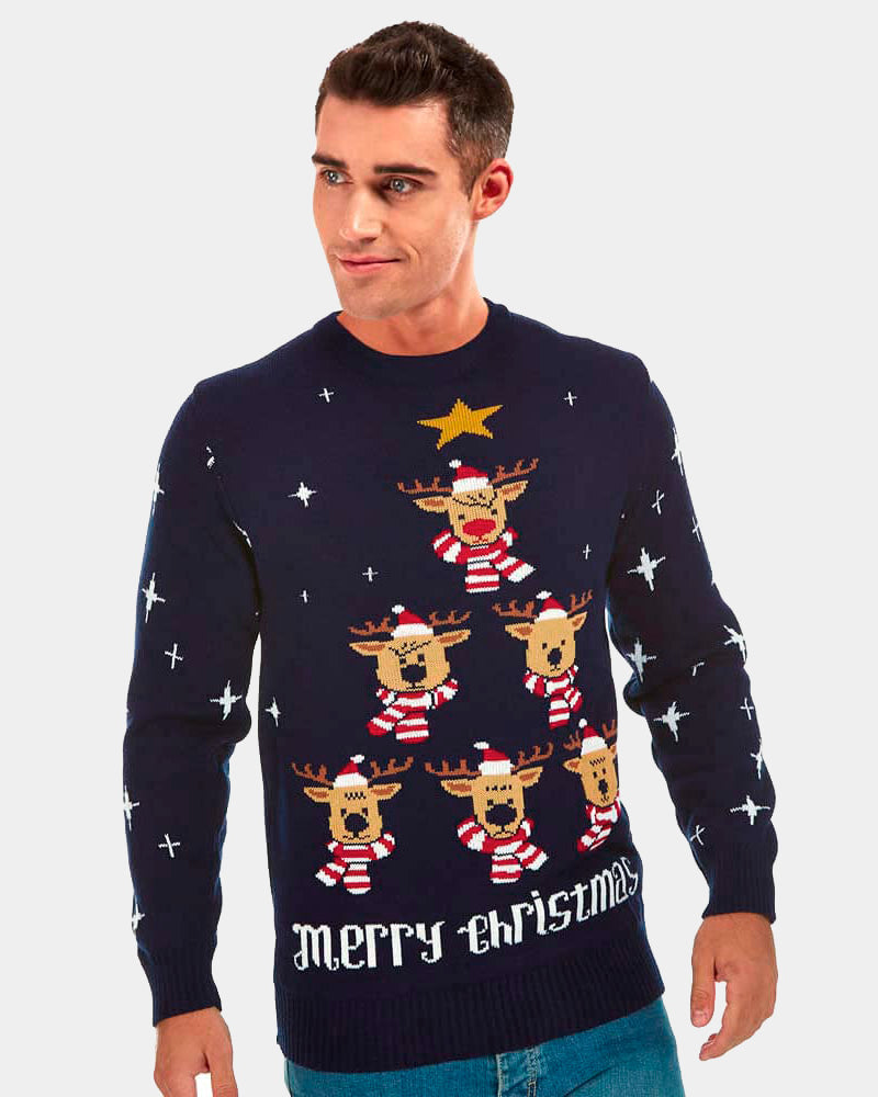 mens Blue Couple's Christmas Jumper with Reindeers, Christmas Tree and Star