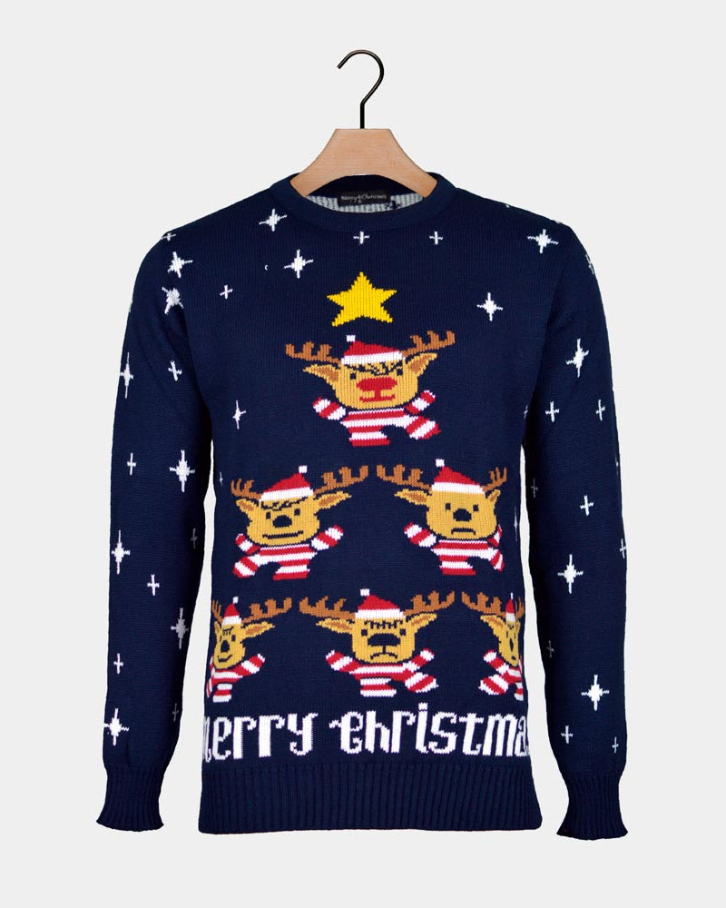 Blue Couple's Christmas Jumper with Reindeers, Christmas Tree and Star