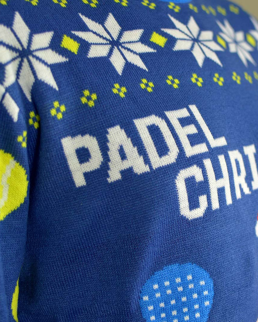 Blue Couple's Christmas Jumper with Santa playing Padel detail
