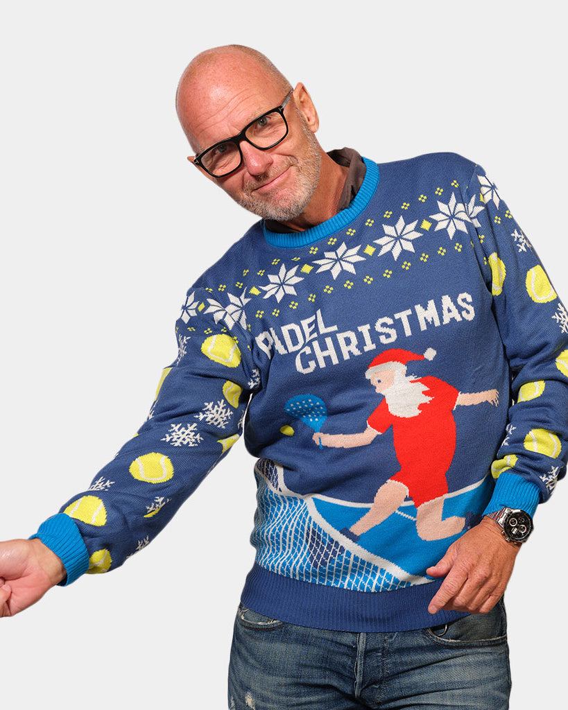Mens Blue Couple's Christmas Jumper with Santa playing Padel
