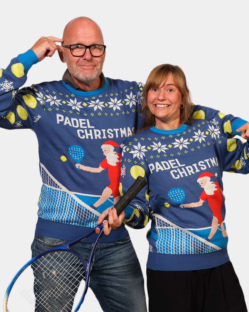 Blue Couple's Christmas Jumper with Santa playing Padel