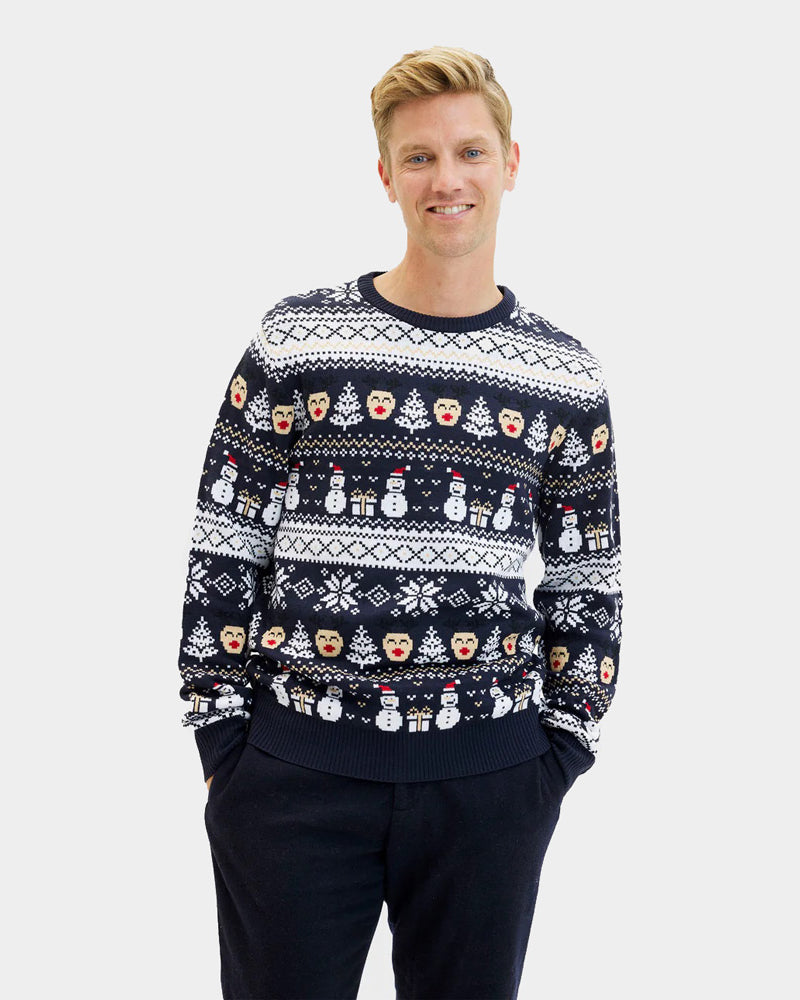 Mens Blue Couple's Christmas Jumper with Snowmen and Trees