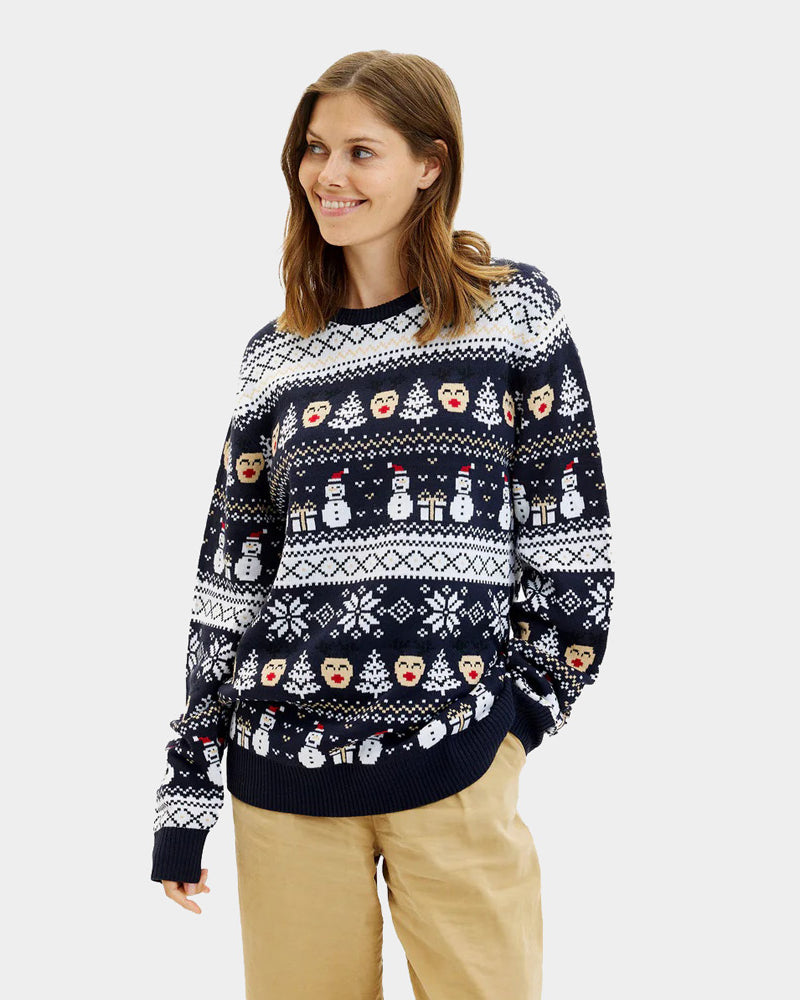 Blue Couples Christmas Jumper with Snowmen and Trees Womens