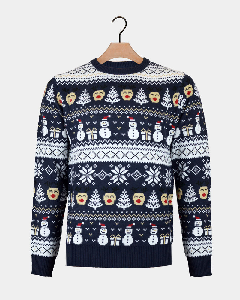 Snowmen Blue Couples Christmas Jumper with Trees