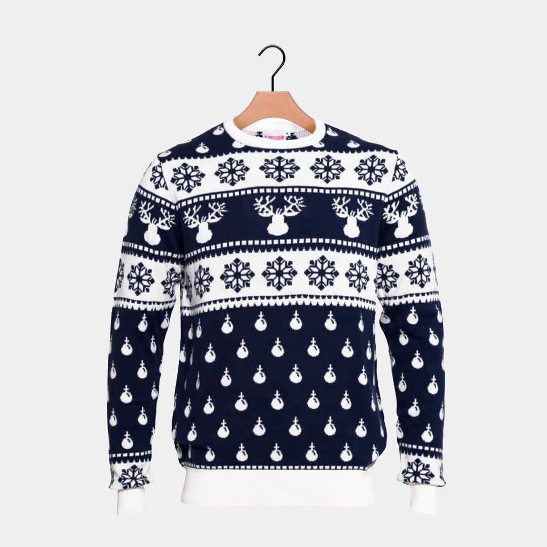 Blue Christmas Jumper with Reindeers and Snow Family