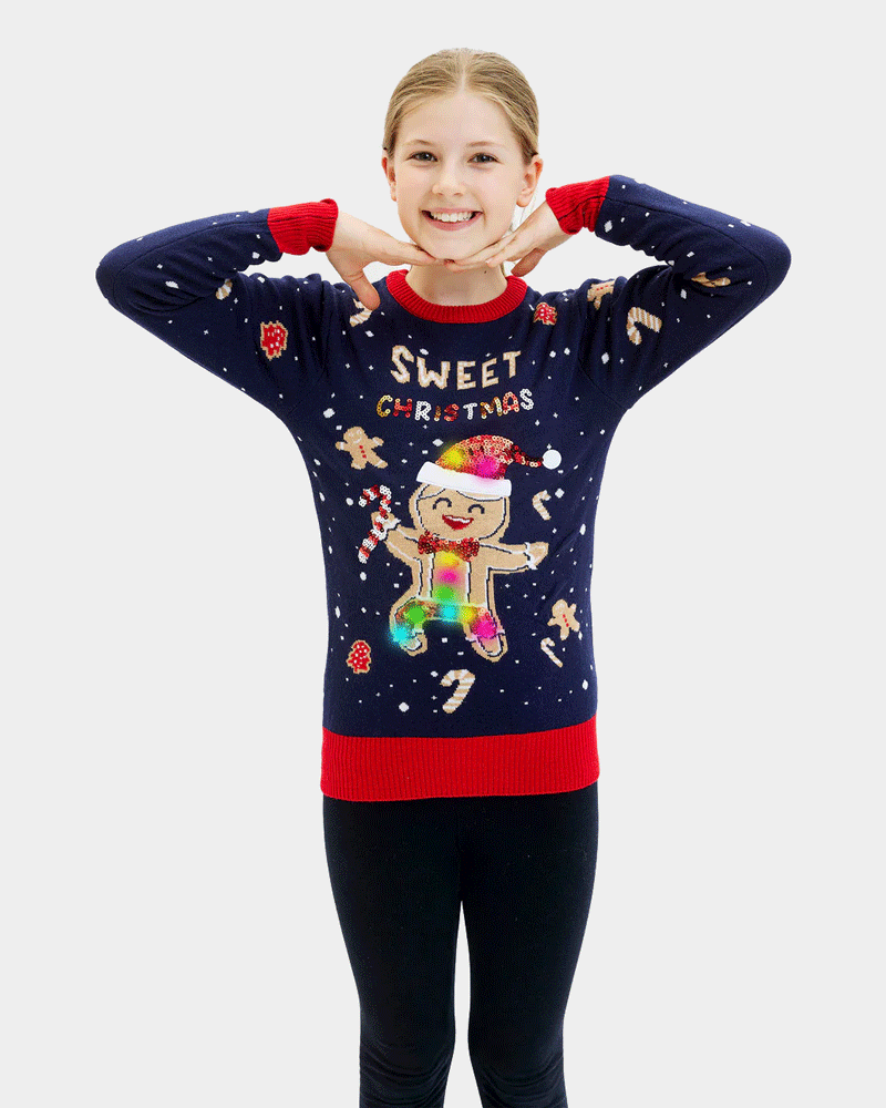 Blue LED light-up Girls Christmas Jumper Ginger Cookie