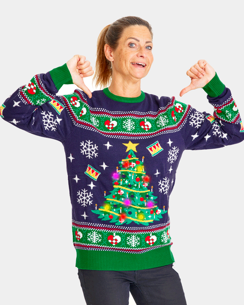 womens Blue LED light-up Couple's Christmas Jumper with Christmas Tree