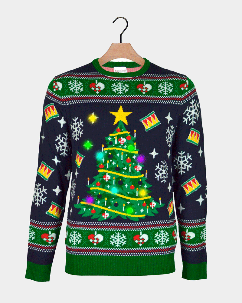 Blue LED light-up Couple's Christmas Jumper with Christmas Tree