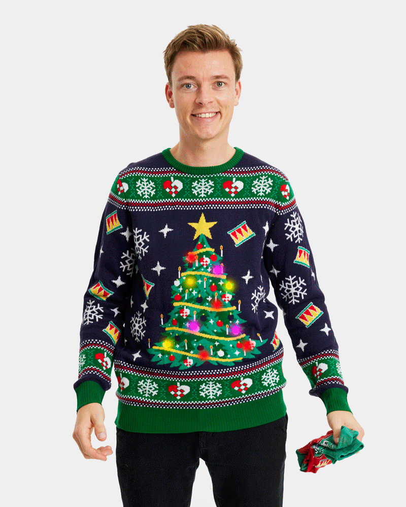 Blue LED light-up Men's Christmas Jumper with Christmas Tree