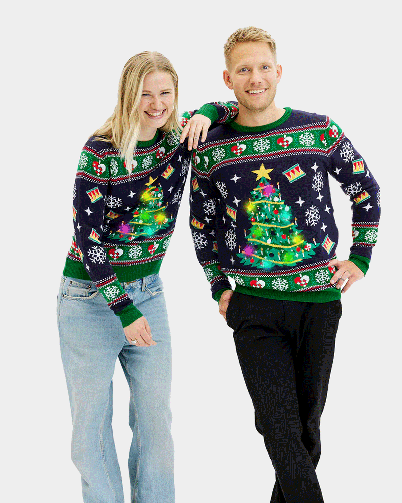 Blue LED light-up Mens Womens Christmas Jumper with Christmas Tree