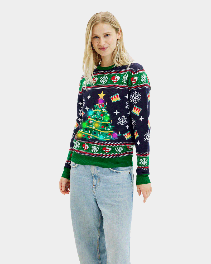Blue LED light-up Womens Christmas Jumper with Christmas Tree