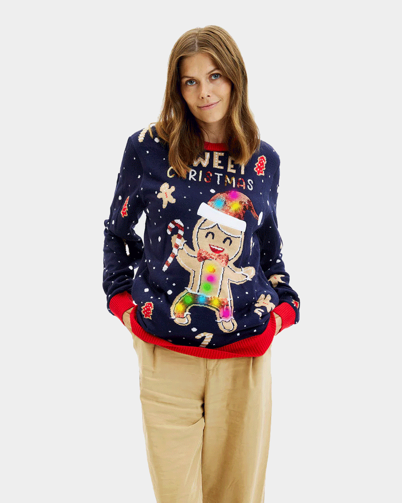 Blue LED light-up Womens Christmas Jumper Ginger Cookie