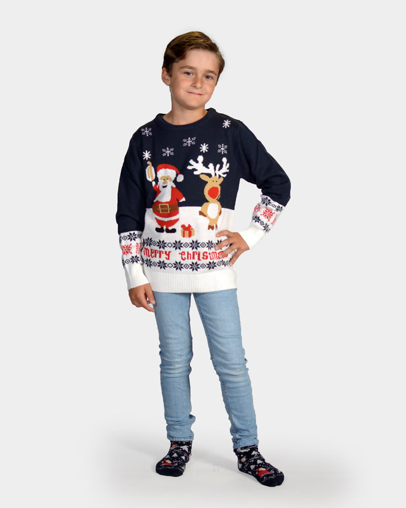 Blue Organic Cotton Boys Christmas Jumper Santa Rudolph