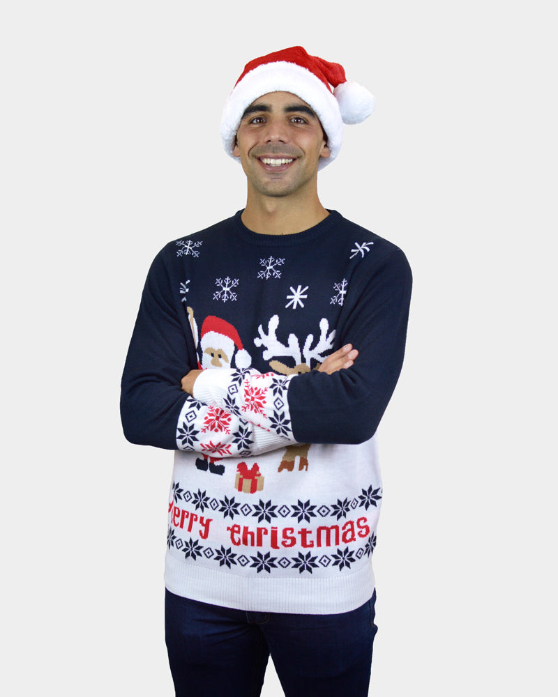 Blue Organic Cotton Christmas Jumper with Santa and Rudolph Men's