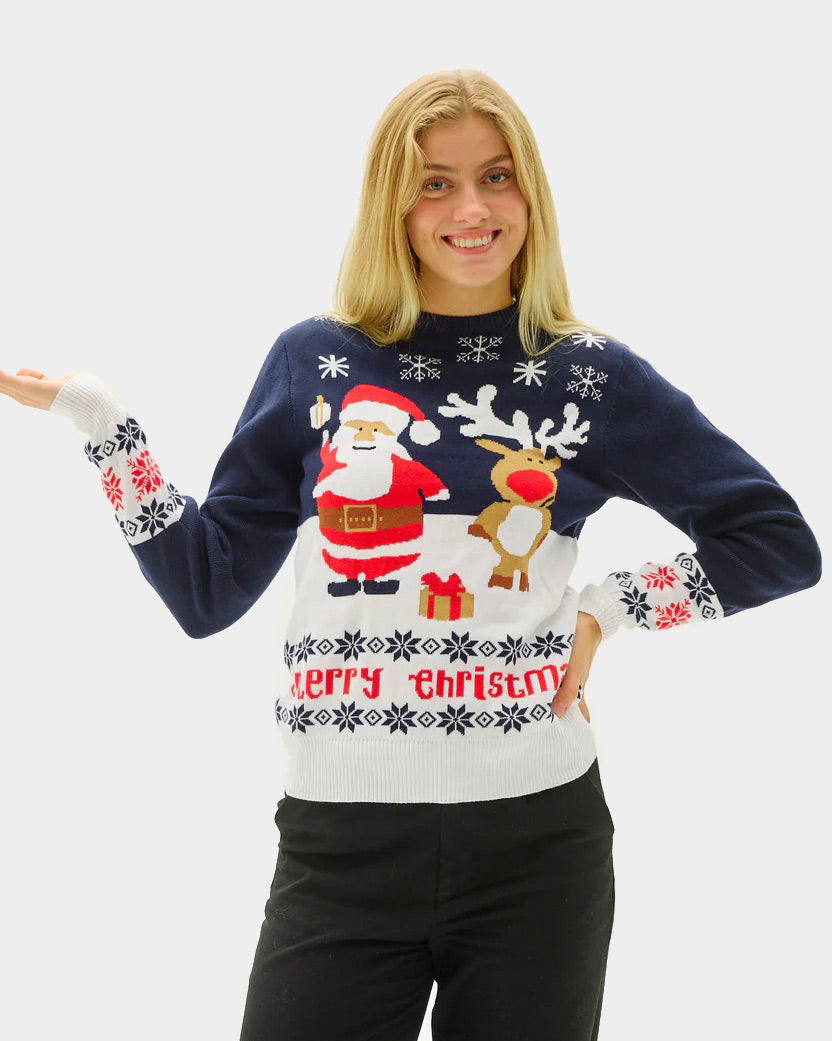 Blue Organic Cotton Couple's Christmas Jumper with Santa and Rudolph Womens