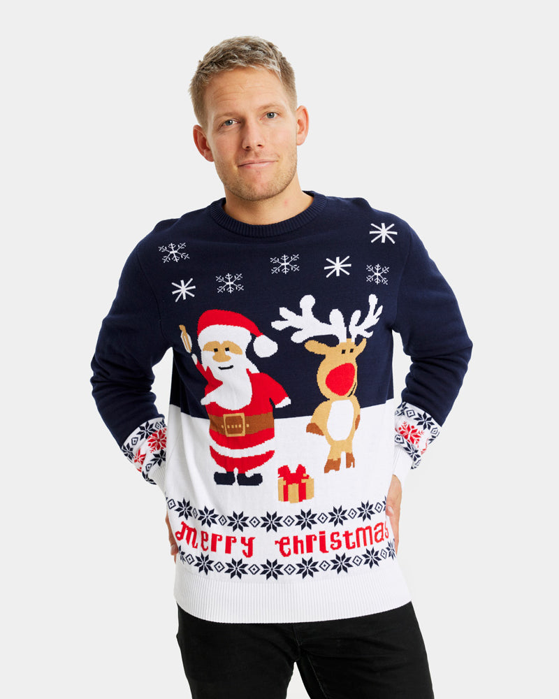 Blue Organic Cotton Men's Christmas Jumper with Santa and Rudolph