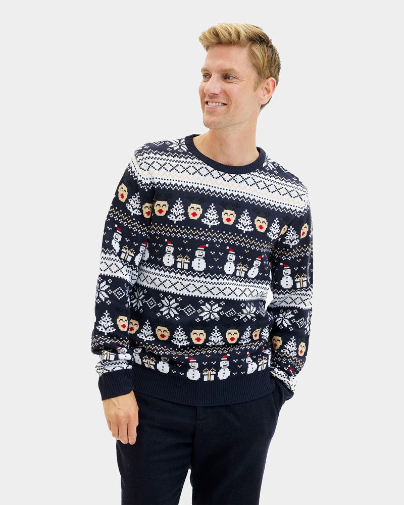 Blue Womens Christmas Jumper with Snowmen Mens Trees
