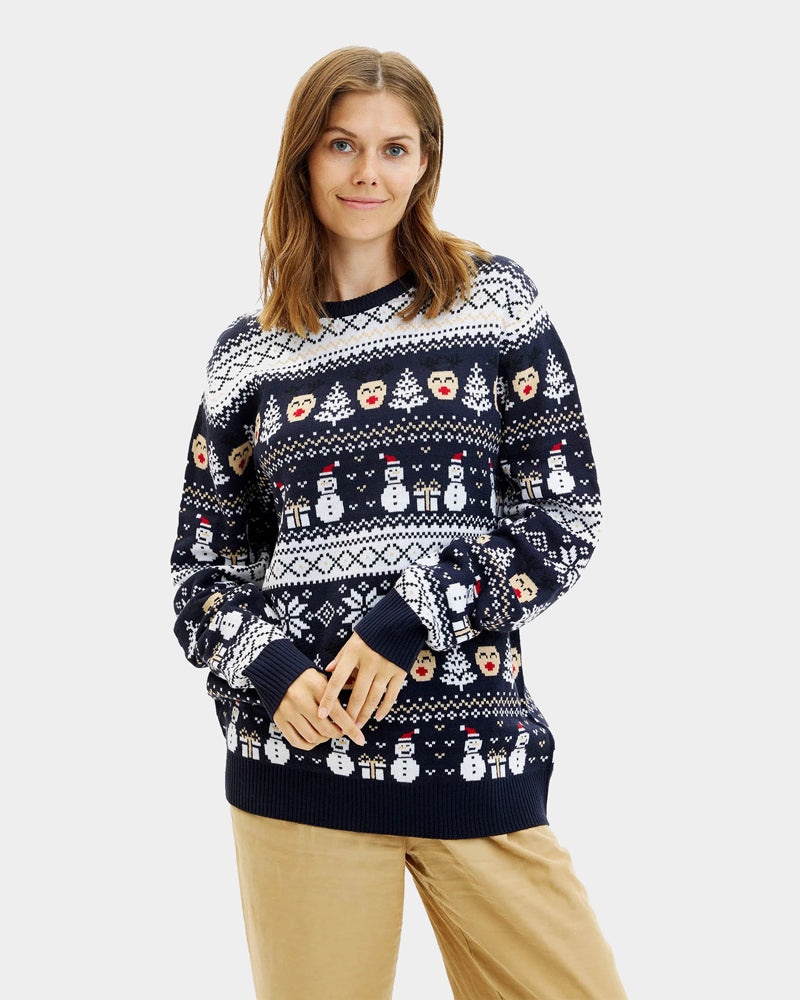 Blue Women's Christmas Jumper with Snowmen and Trees