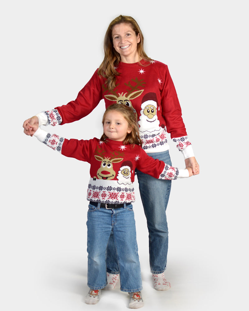 Family Childrens Christmas Jumper with Santa and Rudolph Smiling
