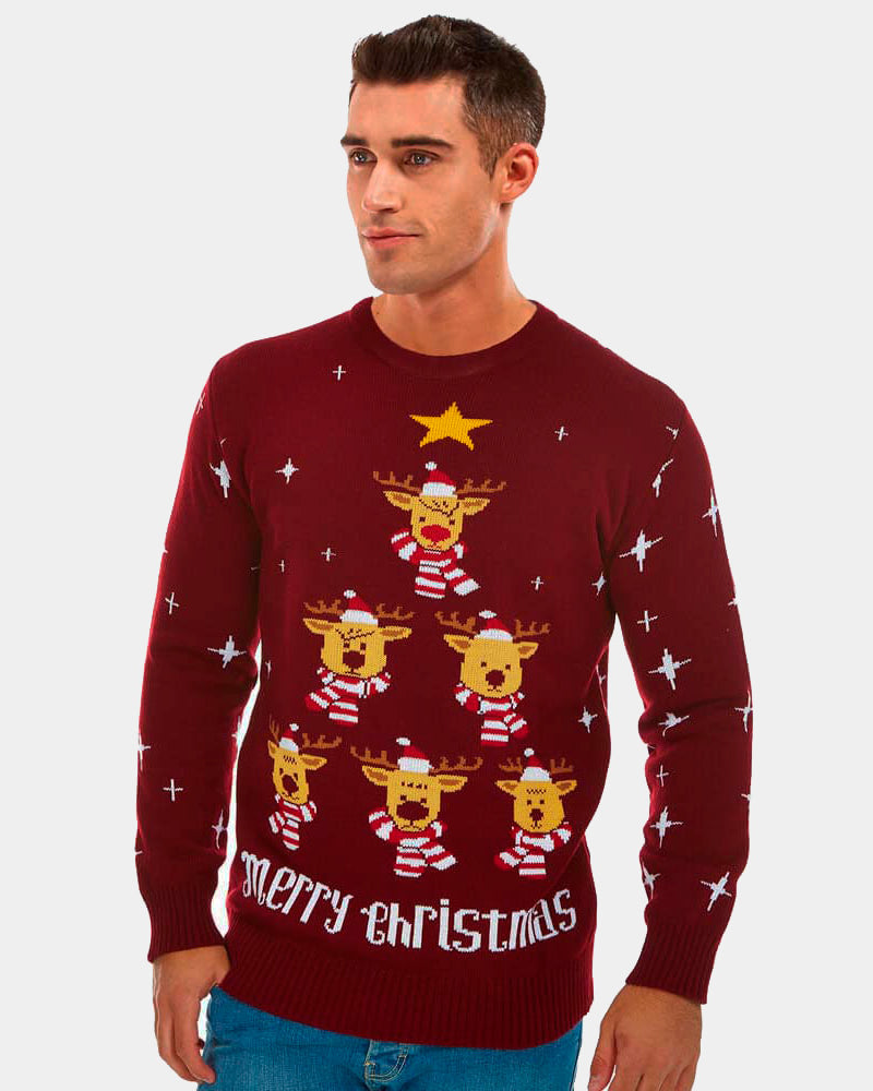 mens Burgundy Couple's Christmas Jumper with Reindeers, Christmas Tree and Star