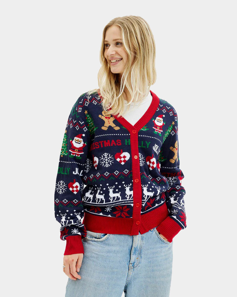 Blue and Red Cardigan Christmas Jumper Womens