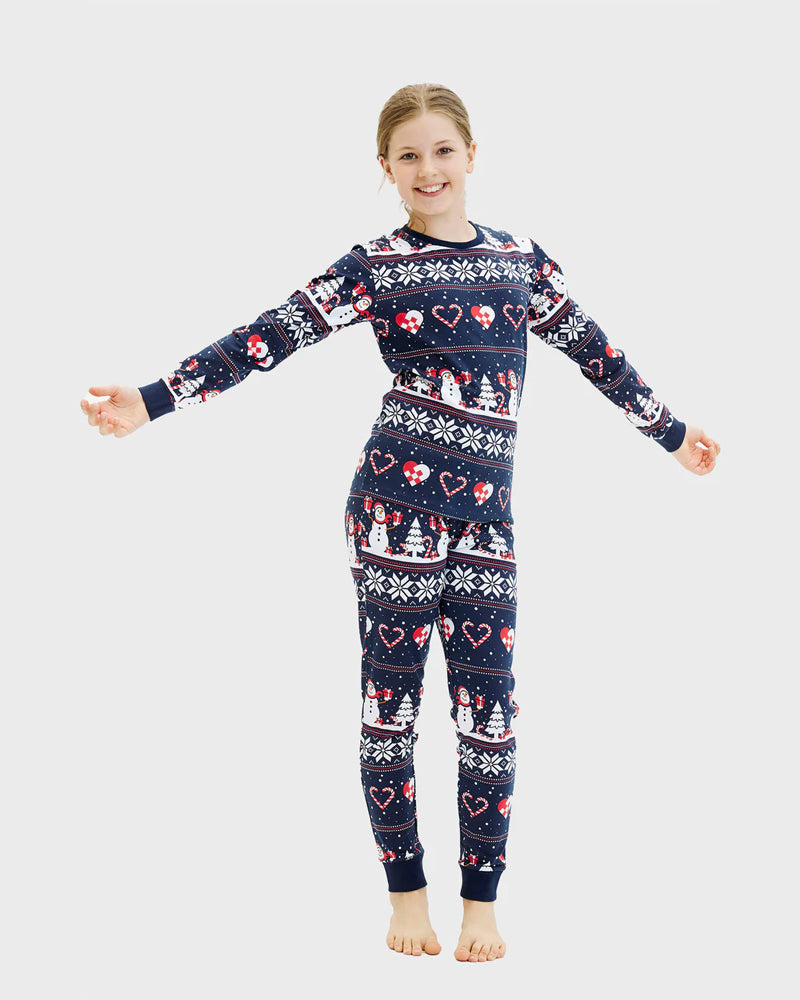 Blue Christmas Pyjama for Family with Snowmen and Hearts Children