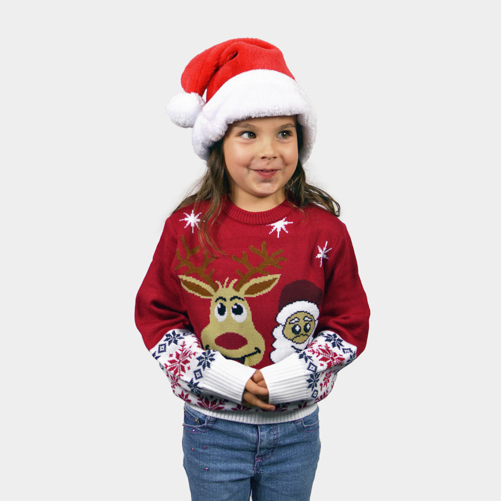 Mens Christmas Jumper Children Santa and Rudolph Smiling