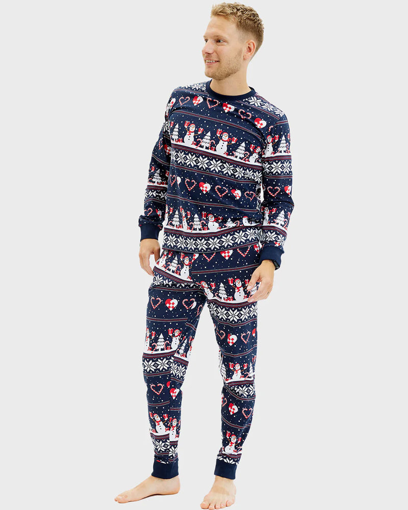Christmas Pyjama for Men Snowmen and Hearts Blue