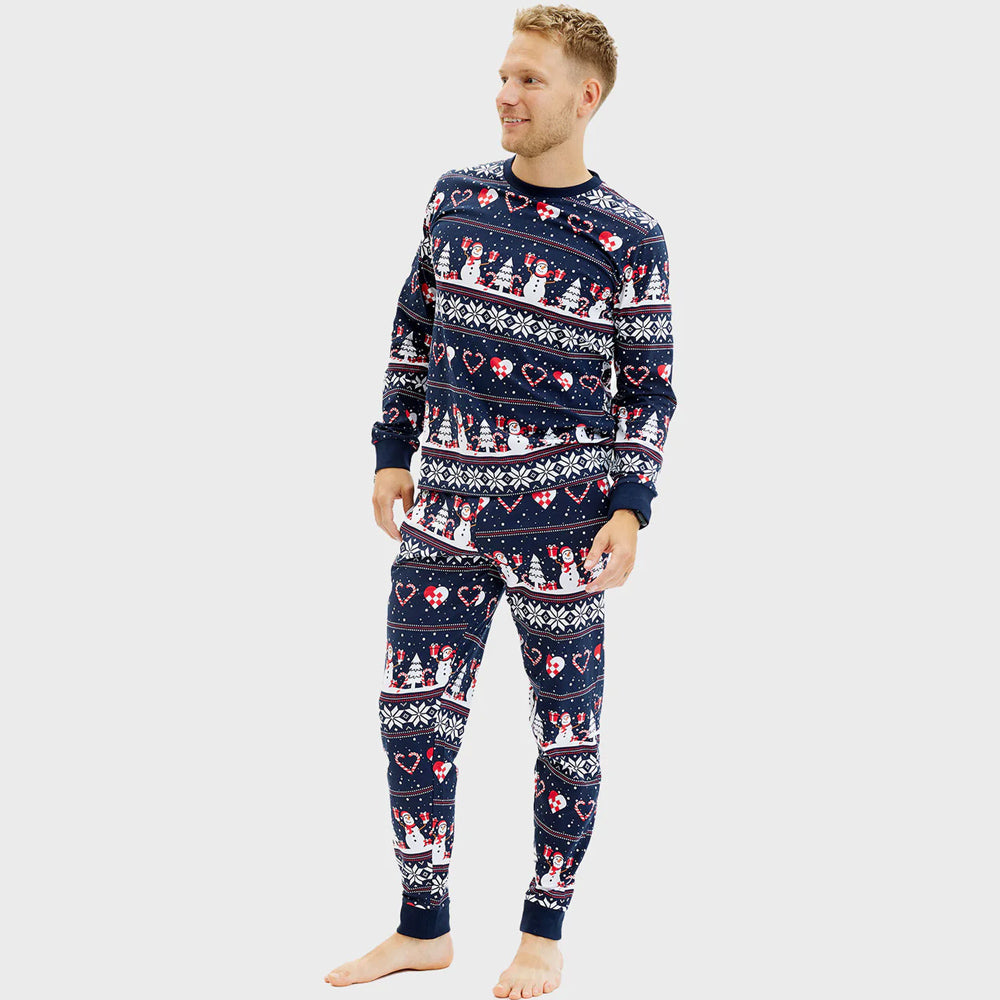Christmas Pyjama for Men Snowmen and Hearts Blue