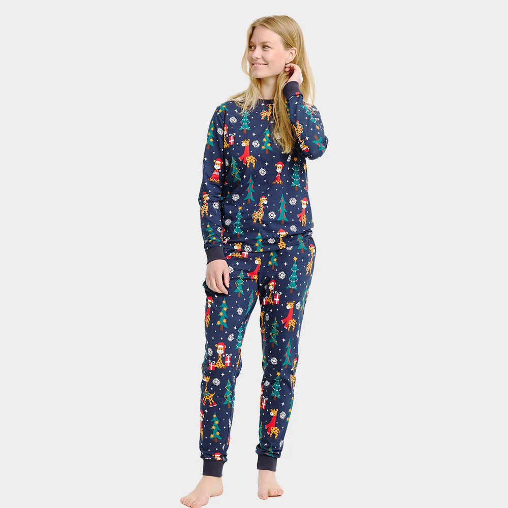 Christmas Pyjama for Women with Giraffes Blue
